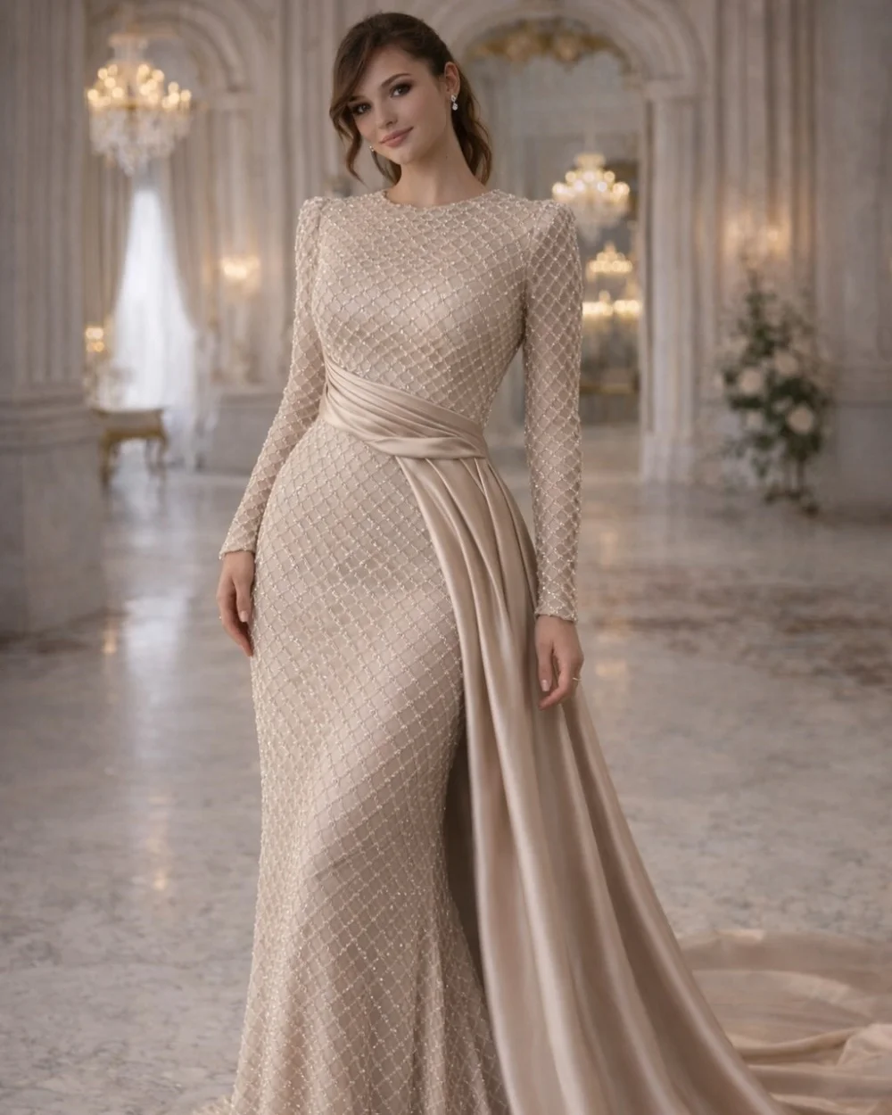 

Изысканное женское вечернее платье-русалка из шармеза с стразами и драпировкой, с круглым вырезом, длинными рукавами, в пол, для торжественных мероприятий