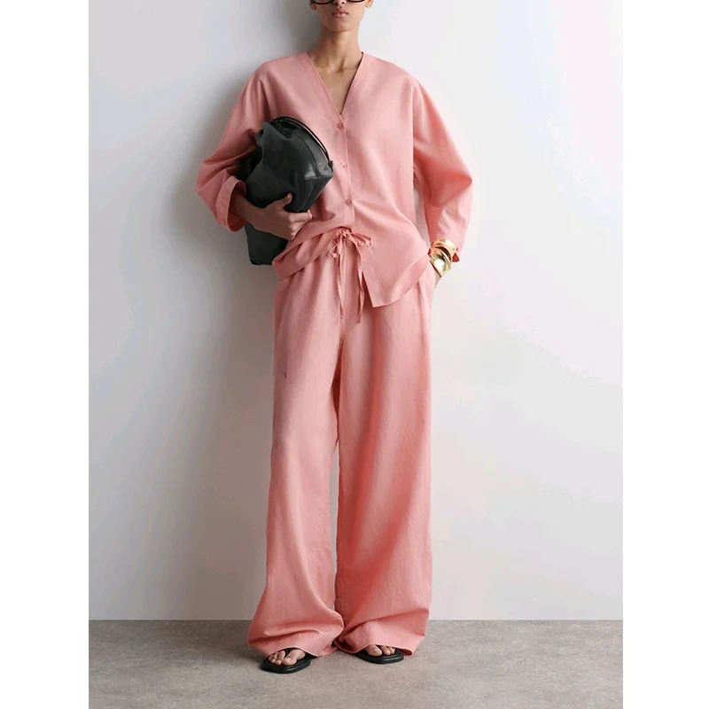 เสื้อผ้าผู้หญิงสำหรับฤดูร้อนใหม่ แขนเดี่ยว คอวี 7/8 แขนยาว ทรงลำลอง ผ้าลินินผสม โพลีเอสเตอร์ 00%