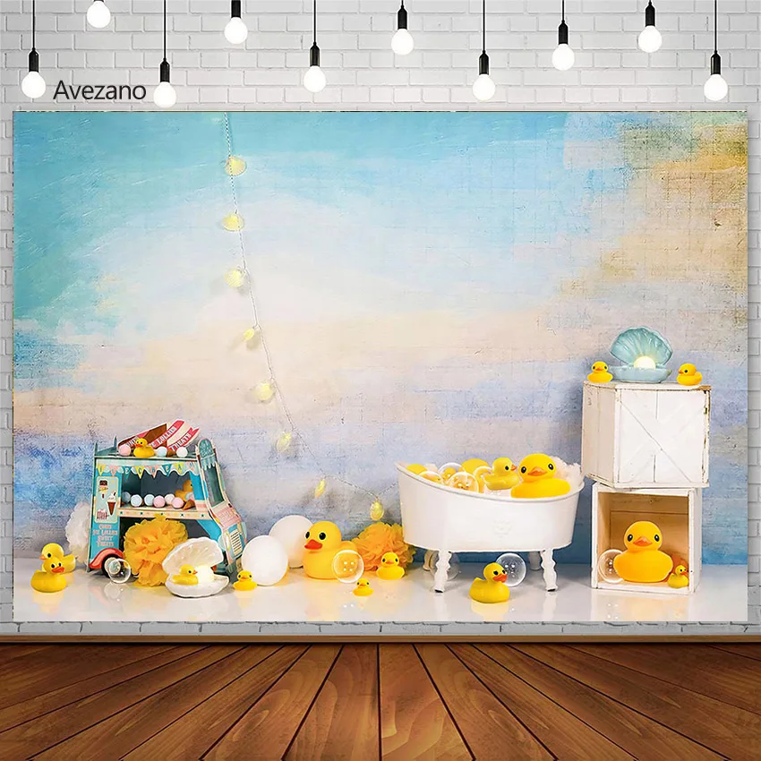 Avezano Baby Shower Backdrop Interior Sky Shell Bathtub Ducks Newborn Milk Bath Photography Background For Photo Props