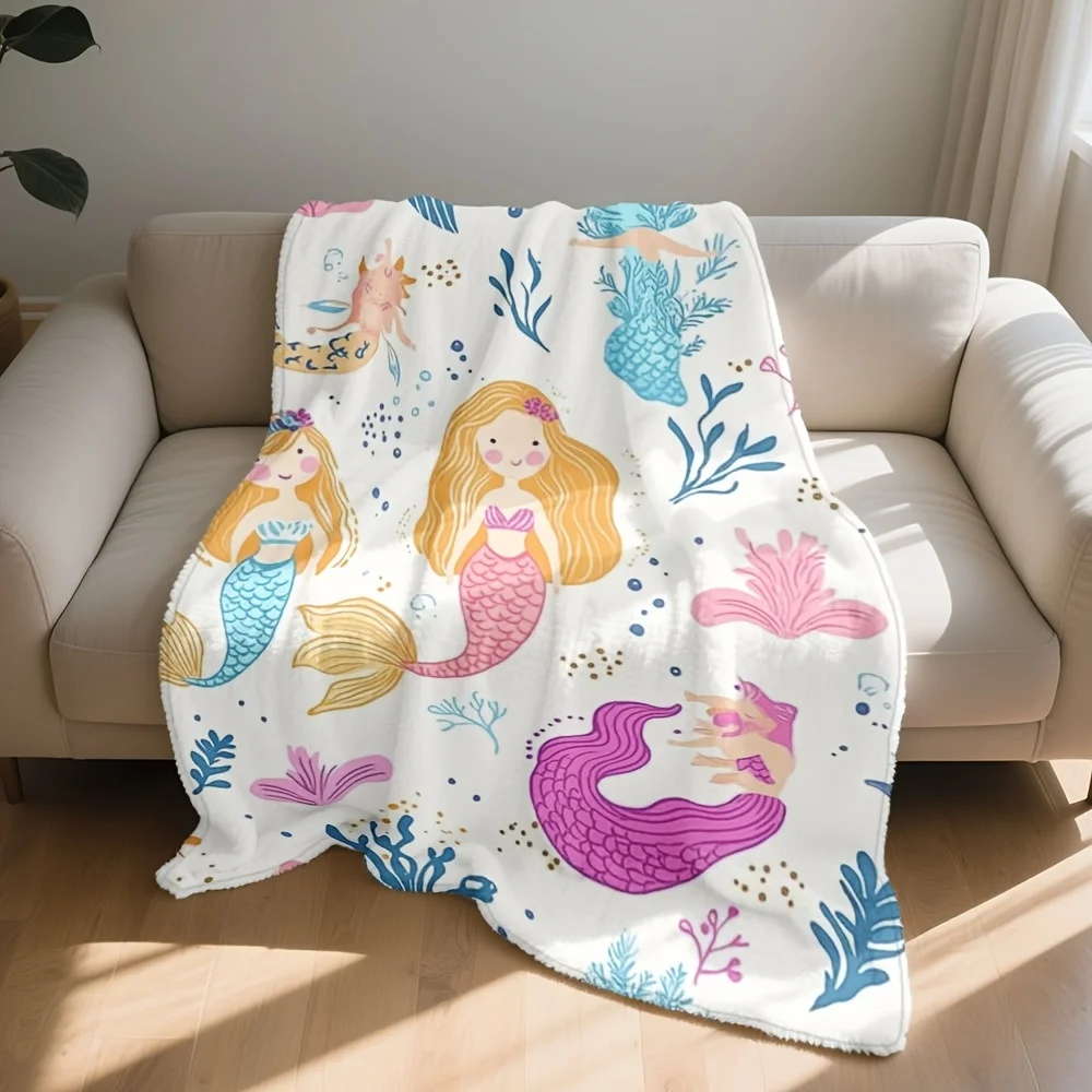 Cute Mermaid Mermaidcore Ocean Theme Fleece Blanket Throw Plush Decorative Lap Throw Girls Kids Nursery Home Decor Gift Cozy