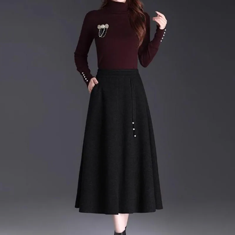 

Шерстяная юбка, женская осенне-зимняя новая стильная юбка с высокой талией в китайском стиле, утягивающая юбка-зонтик, большие качели