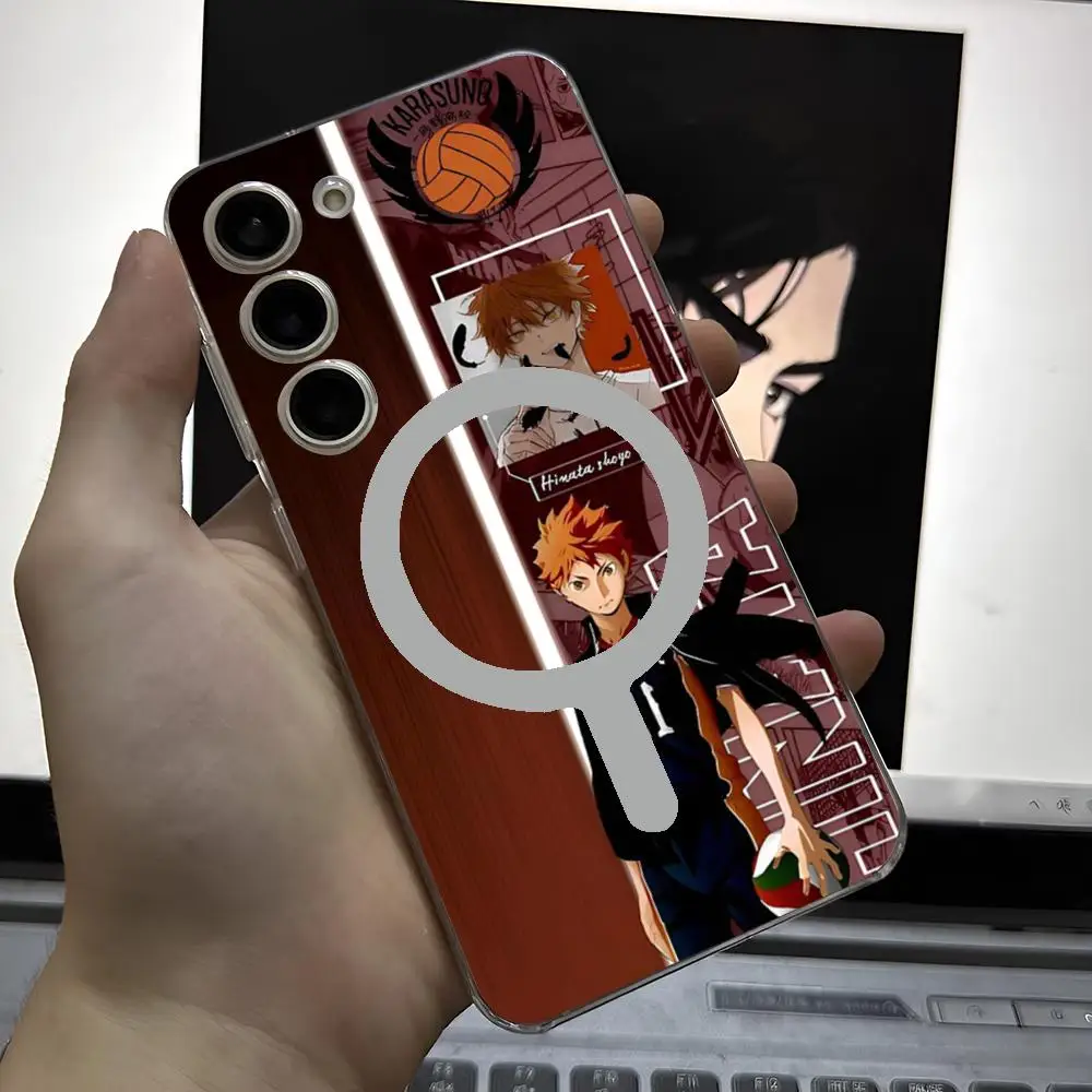 Hot-Blooded Haikyuu Anime Phone Case For Samsung Galaxy S24 S23 S22 S21 Ultra Plus FE Magnetic Suction Transparent Cover