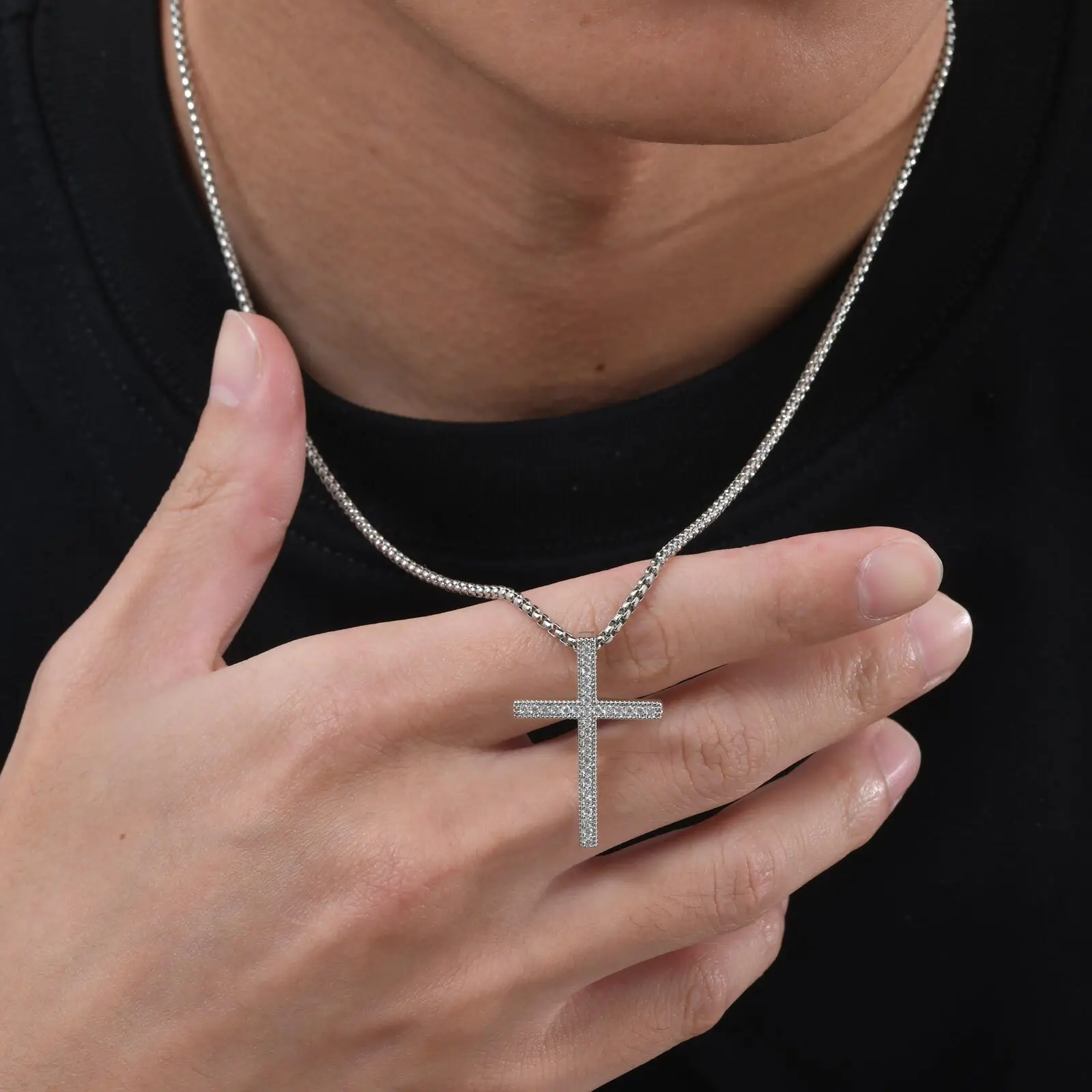 

Zircon Cross Pendant Necklace for Men Boys,Silver Color Stainless Steel Collar,Trend Hip Hop Jewelry Gifts