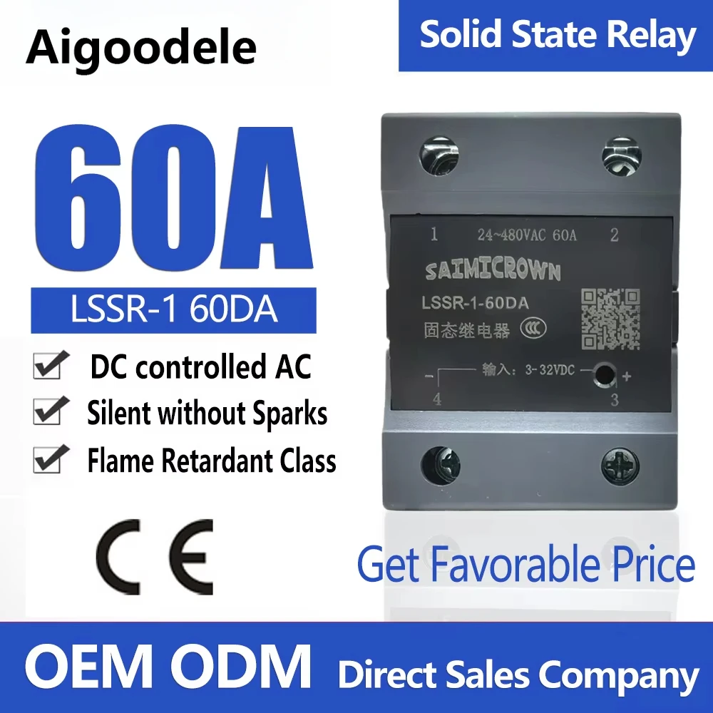 

60A Solid State Relay, SSR Module DC to AC Single Phase Semi-Conductor Relay LSSR-1 60DA for Temperature Control