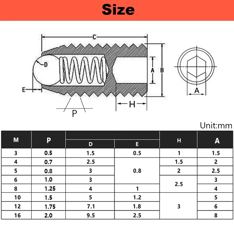 1~5pcs M2.5 M3 M4 M5 M6 M 8M10 M12 M16 304 stainless steel Hex Socket Allen Spring Ball Plunger Grub Point Set Screw Bolt