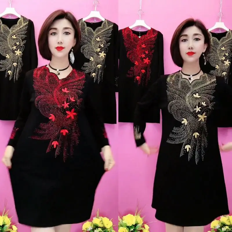 Advanced Sense Hot Diamond Dress Autumn Winter Add Velvet Thick Middle Aged Female Embroidered Dress Mother Dress Large Size 6XL