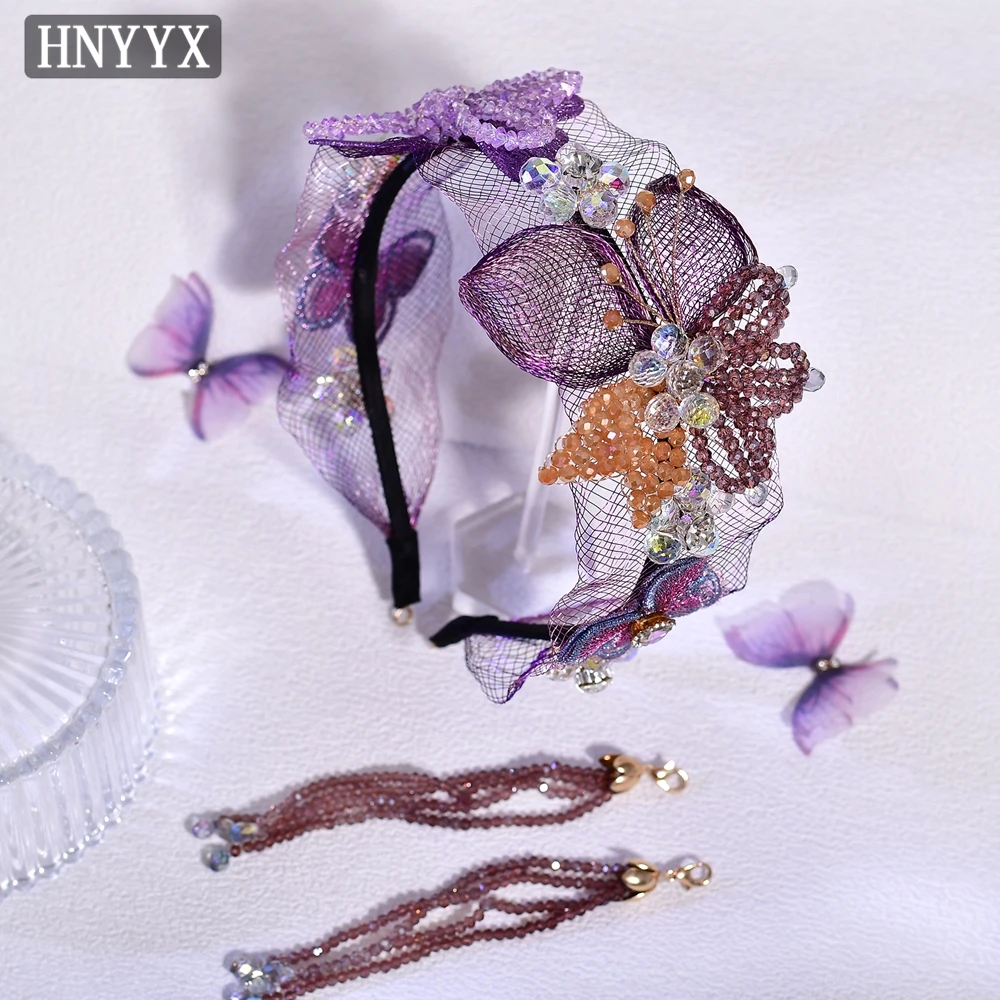 Hnyyx elegante cristal bandana borboleta flor argola de cabelo aba larga malha headpiece jóias de casamento acessórios para o cabelo a336