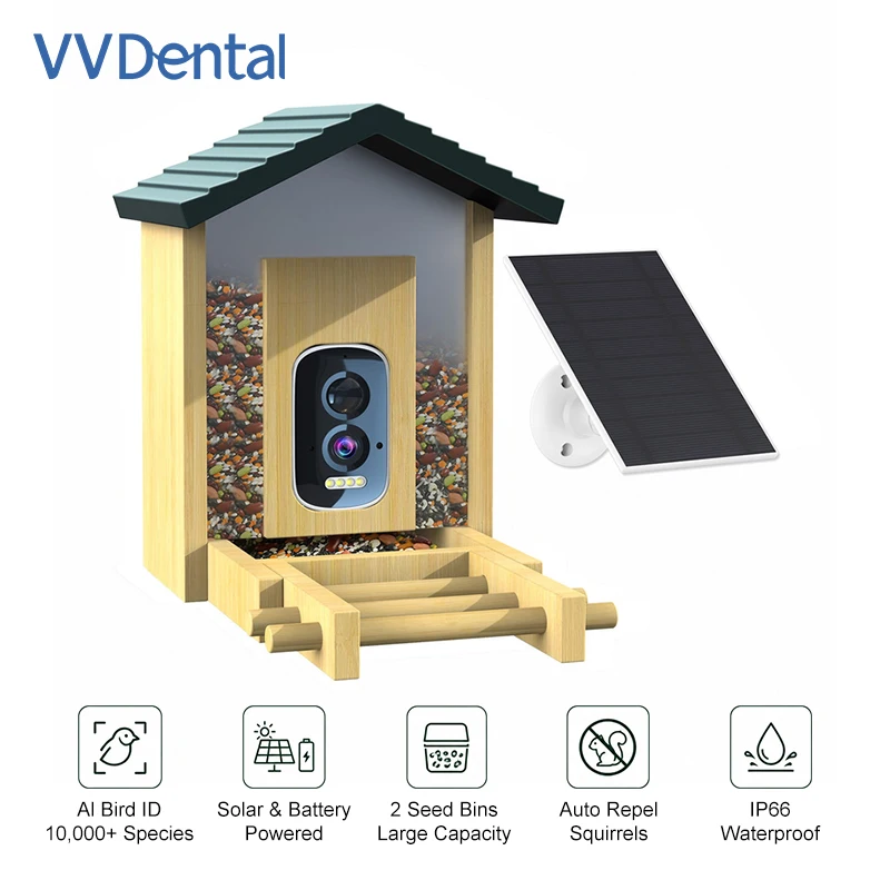 Smart Solar Bird Feeder with Camera Full Colour Night Vision, App Notification, Bamboo Wooden Birdhouse Feeder for Outdoors