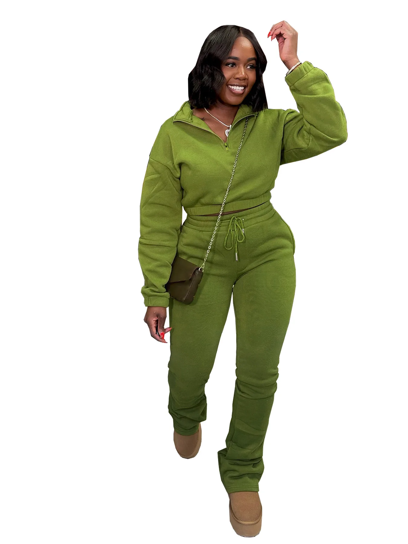 

Fashionable autumn and winter European and American zipper half high collar waist cinched fleece hoodie tied with rope pants se