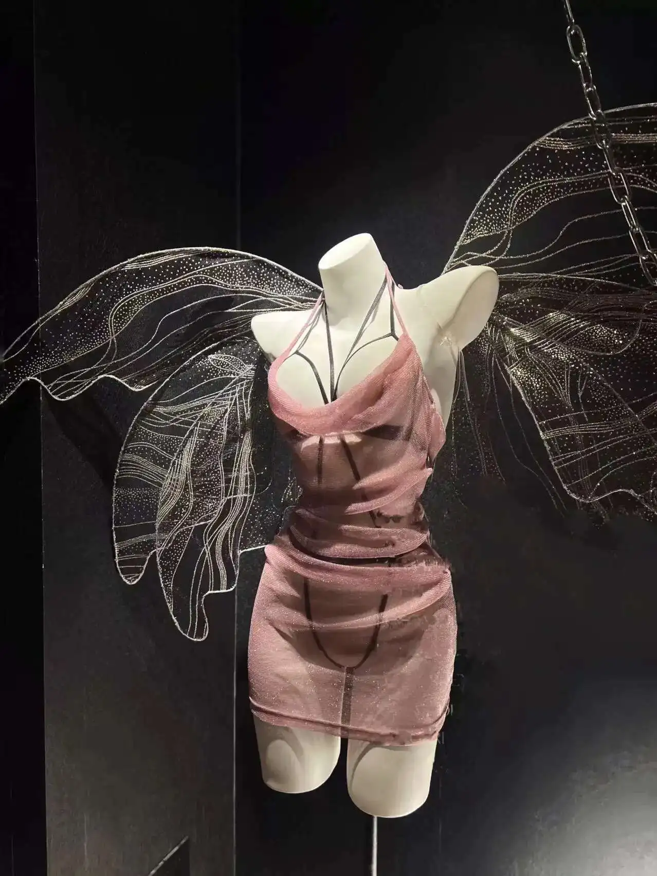 걸이 넥 백리스 딥 V 멜빵 민소매 드레스 투명 섹시한 메쉬 드레스 매력적인 우아한 순수한 욕망 아름다운 SOUE