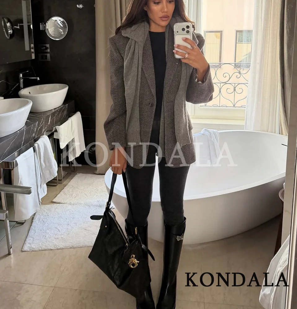 เสื้อเบลเซอร์ผสมผสานสำหรับฤดูใบไม้ร่วงและฤดูหนาว แบรนด์ KONDALA สีเทา กระดุมเดี่ยว สำหรับผู้หญิง แฟชั่นปี 2025 สไตล์หรูหรา เหมาะสำหรับใส่ทำงาน