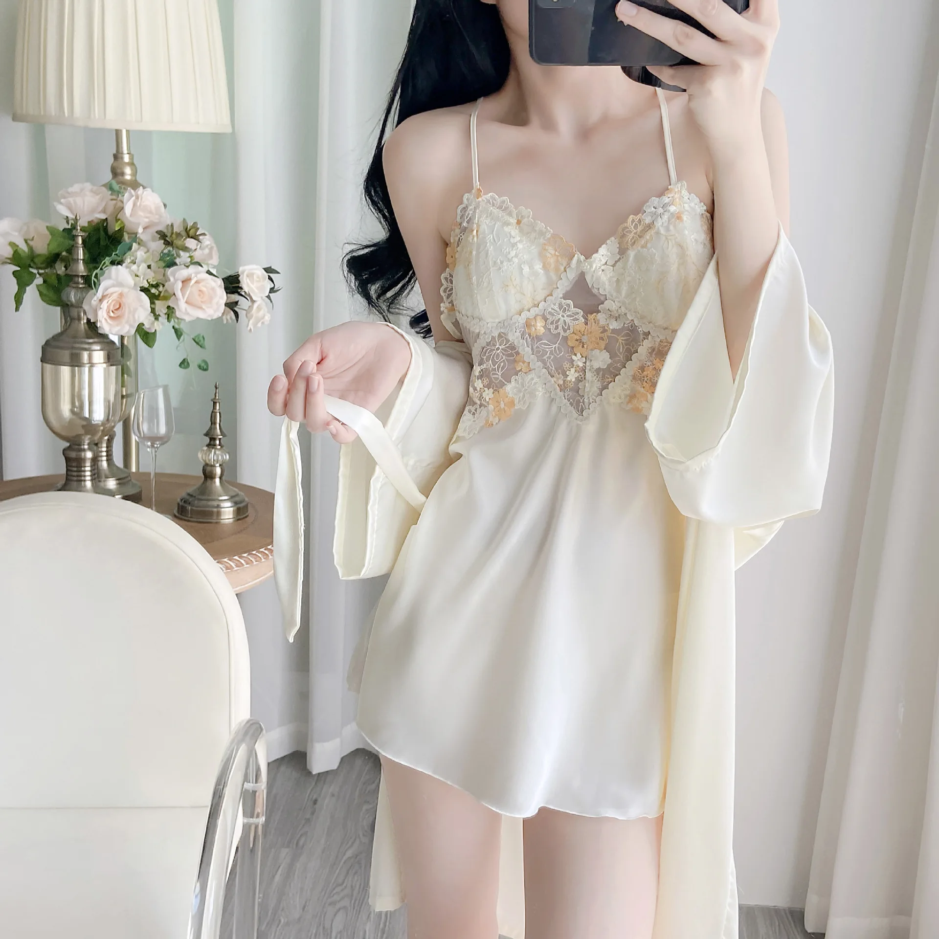 Twinset Robe ชุดลูกไม้ Hollow Out Nightgown เสื้อคลุมอาบน้ําชุดกิโมโนชุด Negligee ฤดูใบไม้ผลิฤดูร้อนผู้หญิงชุดนอน Homewear