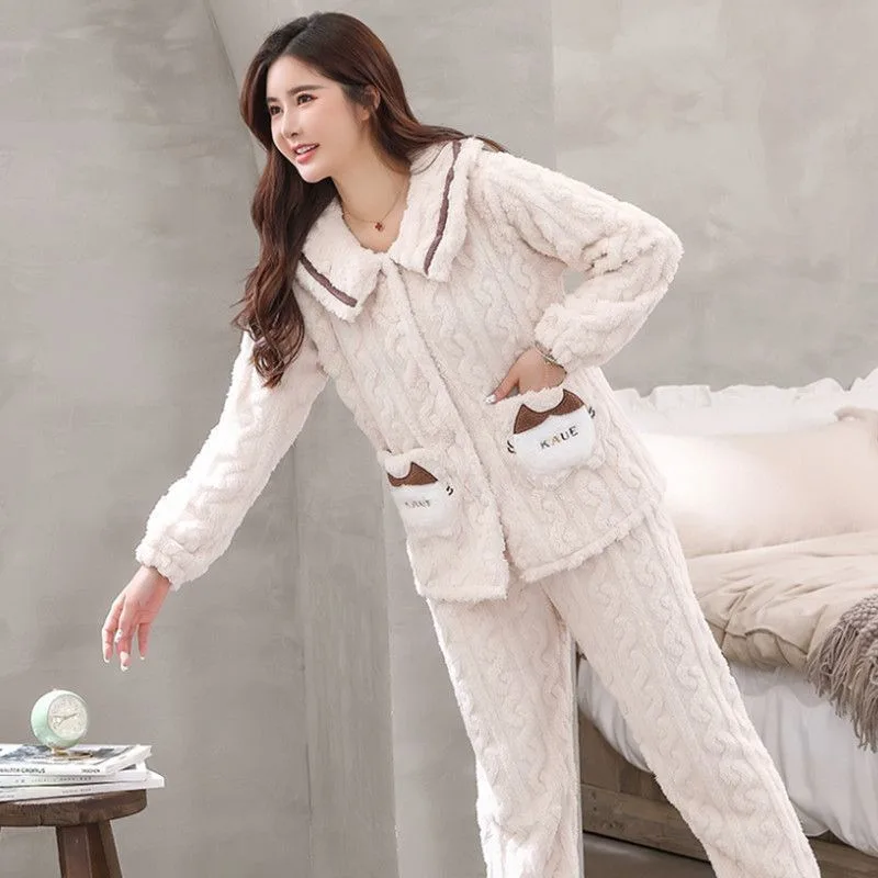 2023 New Pajamas Women Autumn Winter Coral Velvet Loungewear Thickening Plushing Warm Flannel Plus Size Outerwear Homewear Set