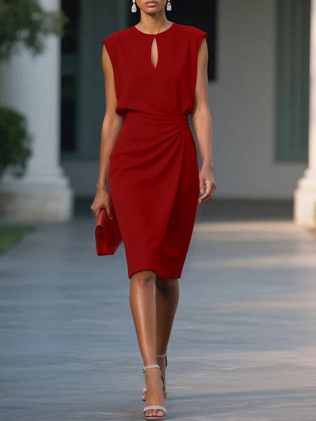 Elegantes Vintage-Kreuz-Kleid in Unifarbe mit Knoten, Rundhalsausschnitt, Cut-Outs, Langes Kleid im Street-Style, Polycotton, Ärmellos, Hohe Taille, H-Linie – Detail 5