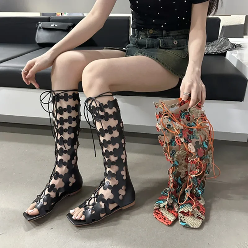 Summer Sandalias Peep Toe Flats Knee-high Cool Boots Cross Strappy Hollow High-top Sandals New Designer Women Low Heeled Shoes