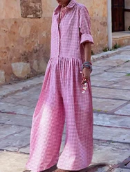 Modigirl Fashion Plaid Pink One Pieces Jump Suits Pant 2024 New Summer Autumn Loose Full Jumpsuit Overalls for Woman