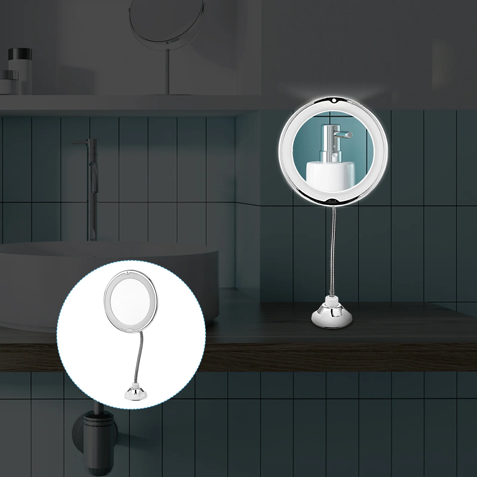 Espelho de maquiagem LED com ampliação de 10X com ventosa poderosa efeito de luz natural para uso interno e externo