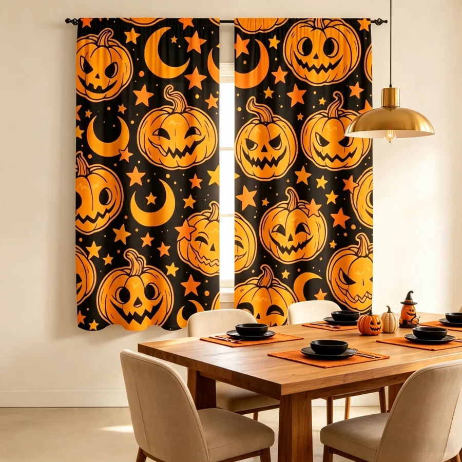 2PCS Digital Print Curtain, Star Moon Pumpkin Halloween Night, Celestial Spooky Autumn for Bedroom Living Room Kitchen