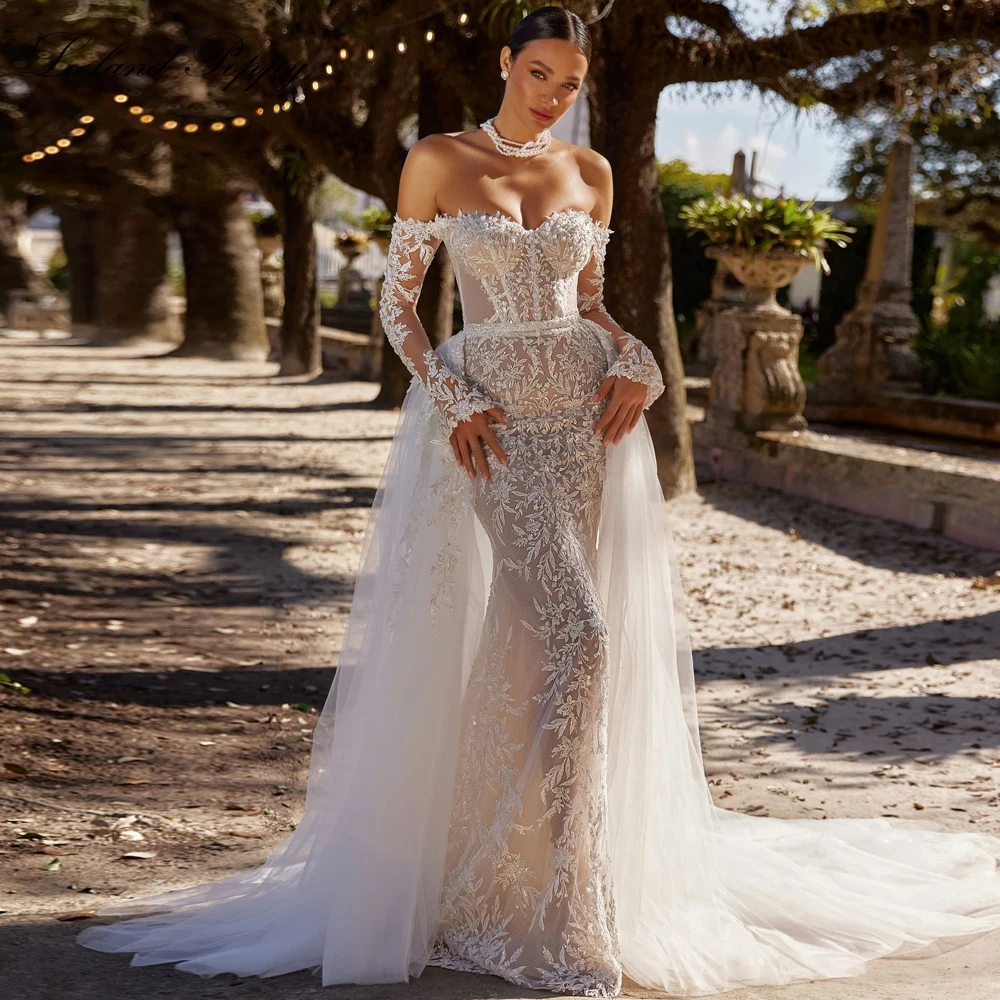 

Lceland Poppy Customized 2 Pieces Mermaid Lace Wedding Dresses Floor Length See Through Bridal Gowns with Detachable Train