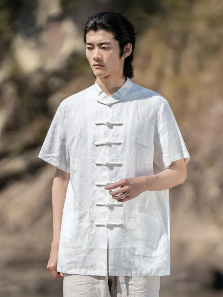 

Новая мужская летняя рубашка из чистого льна и хлопково-льняной смеси в китайском стиле, модная, свободного кроя, на пуговицах, дышащая