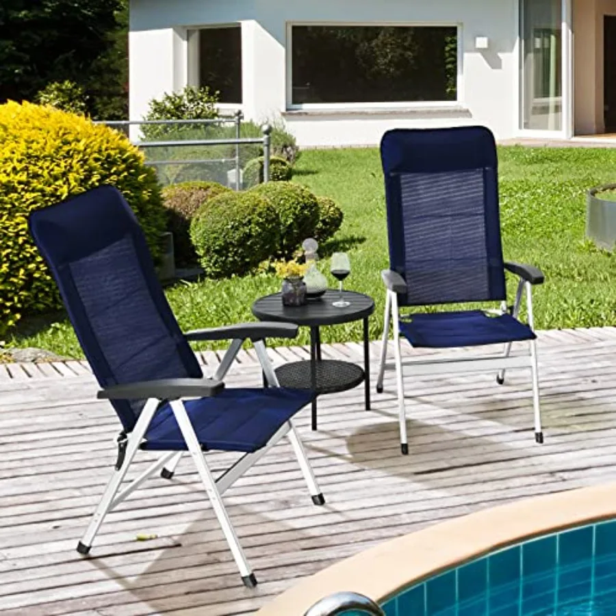 Patio Folding Chairs Set of 2, Navy Polyester Fabric, Portable Reclining Chairs with 7-Position Adjustable Back Padded Headrest