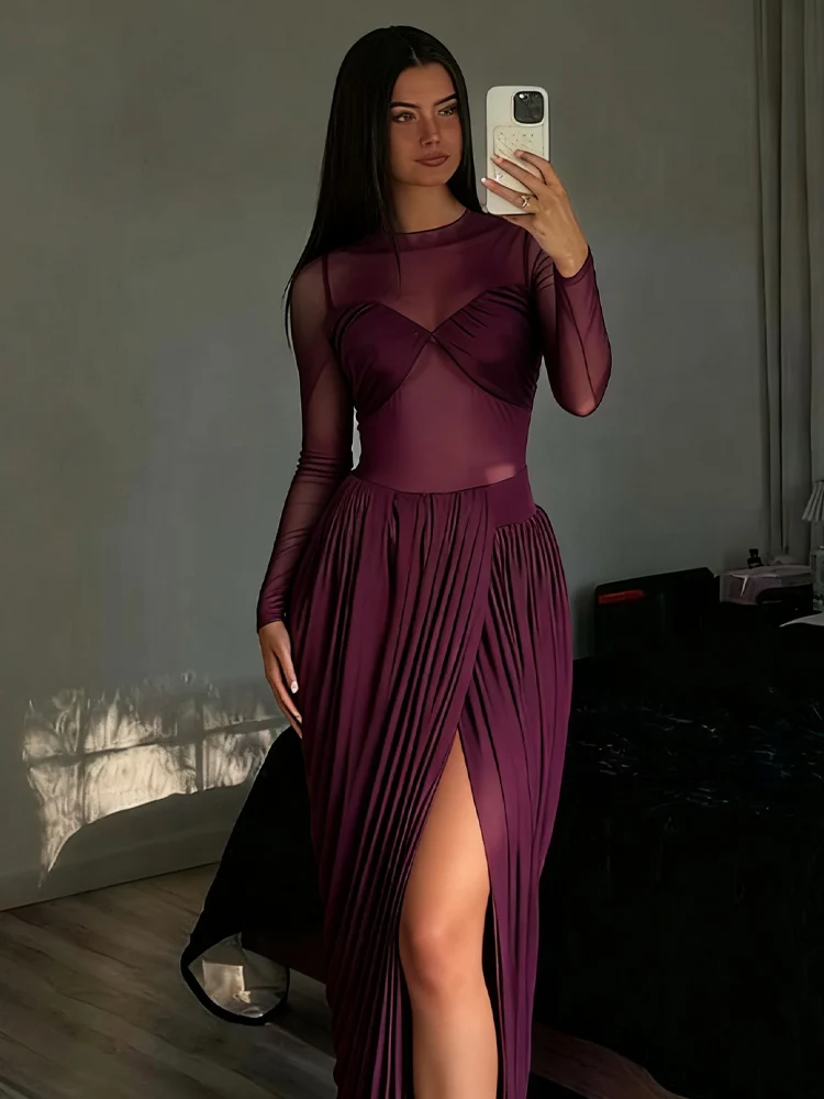 Weird Puss Wrapped Sexy Dress Women Mesh Patchwork Split Ruched Elegant Full Sleeve Trend Birthday Banquet Party Maxi Bodycon