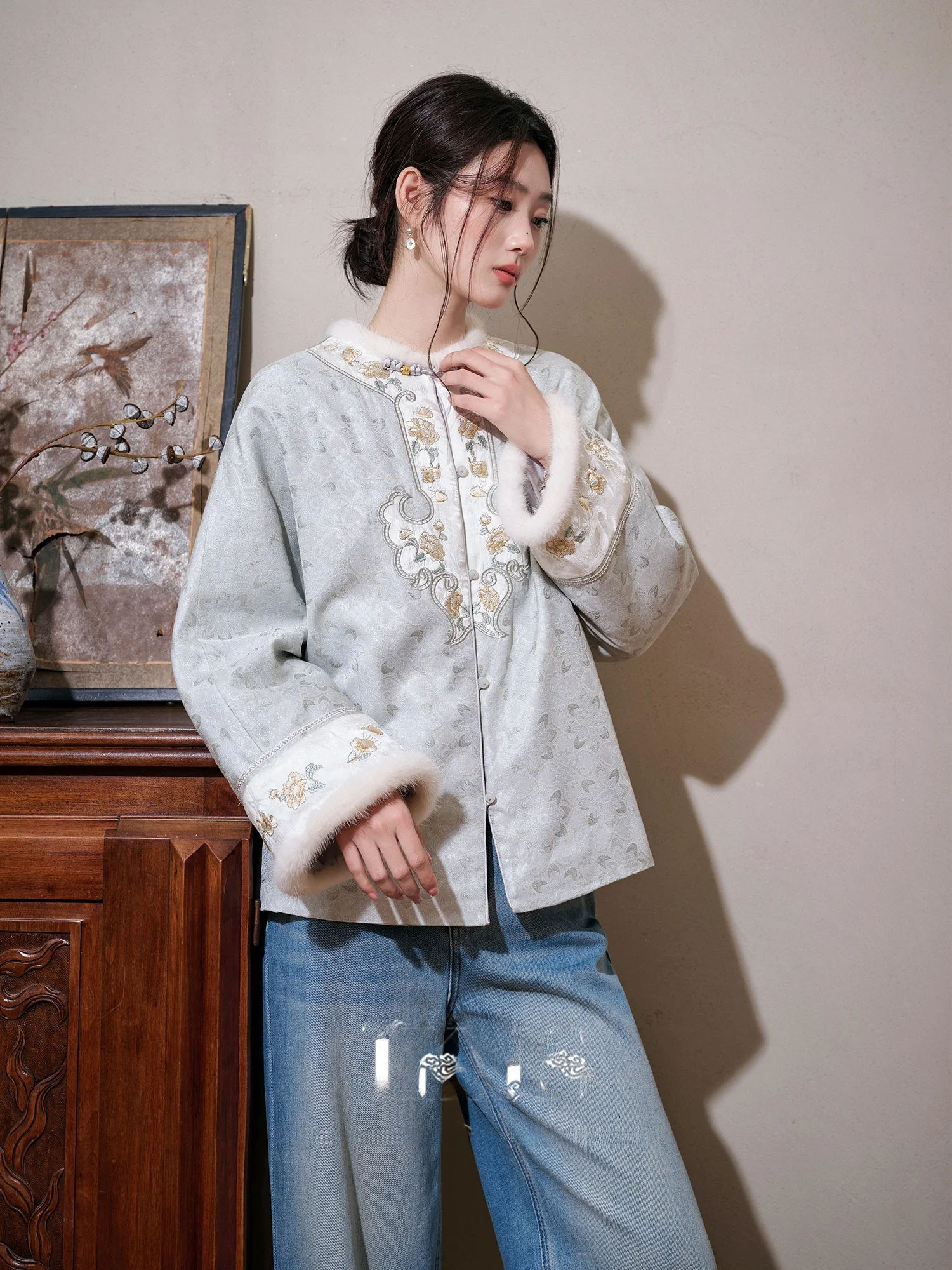 

Новая китайская хлопковая куртка с шерстяным наполнителем и ворсом из норки, с цветочным узором, JKJS, шелковое пальто с цветами лотоса, хлопковое пальто