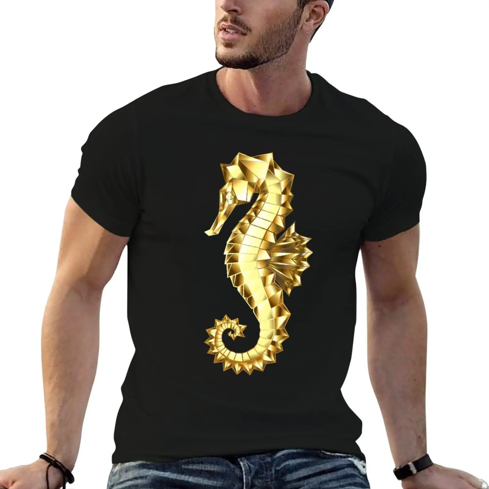 Gold Polygonal Seahorse T-Shirt Urban Style Print T-Shirt