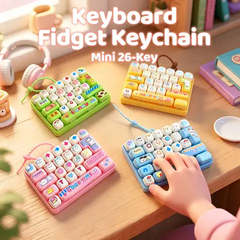 26‑Keys Keyboard Fidget Keychain Cute Cartoon Press Fidget Toy Stress Relief Bag Pendant Key Ring Novelty Party Favor Gift Toy