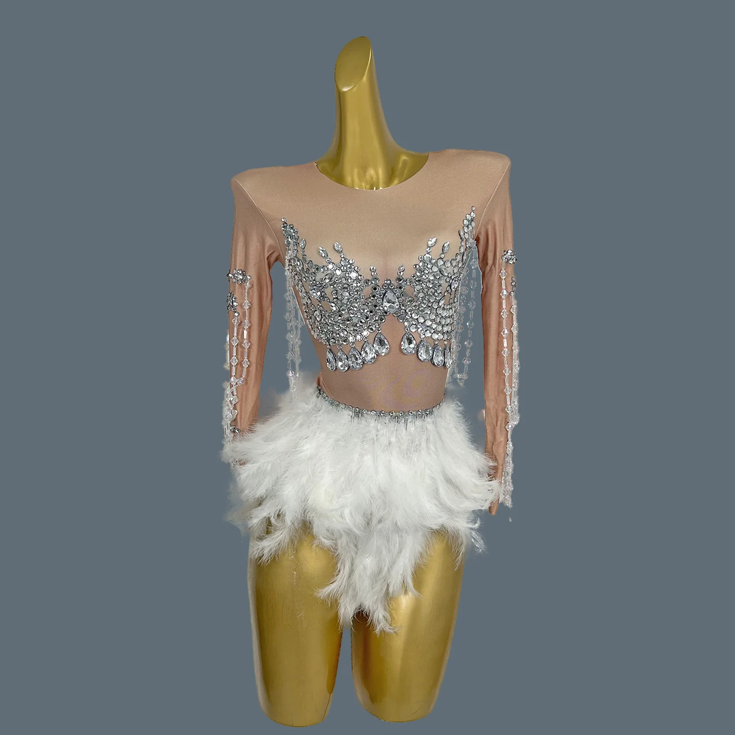 

Sparkly Rhinestones Feathers Bodysuit Sexy Mini Dress Women Club Dancer Party Celebrate Performance Costume Stage Wear Maoshua