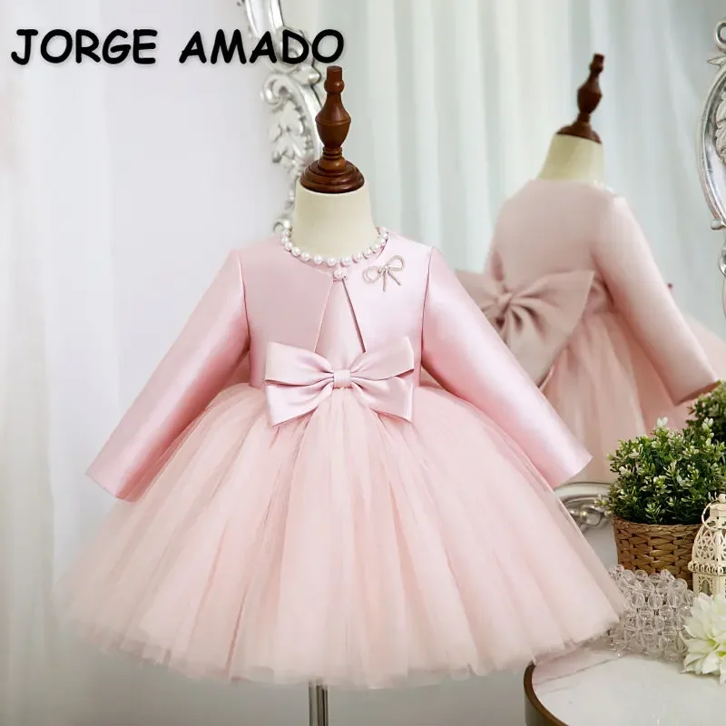 Spring Autumn Baby Girl Dress Round Collar Pink Sleeveless Princess Dresses+Long Sleeves Coat Party Wedding Formal Clothes E6000