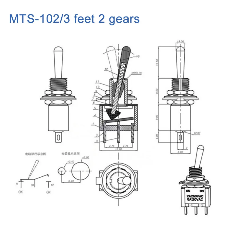 10Pcs MTS-102 Toggle Switch 103 202 203 Self-locking Rocker Switche 6A 250V 2/3 Gears Dustproof Lever Type 3/6 legs Connector