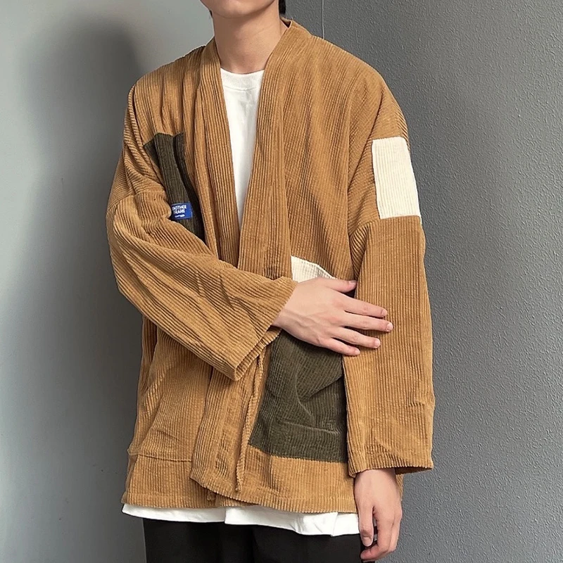 Drop Shoulder Men Corduroy Kimono Jacket Big Pockets 2023 Spring Color-blocking Patched Japan Style Mens Haori Thin Coat Loose