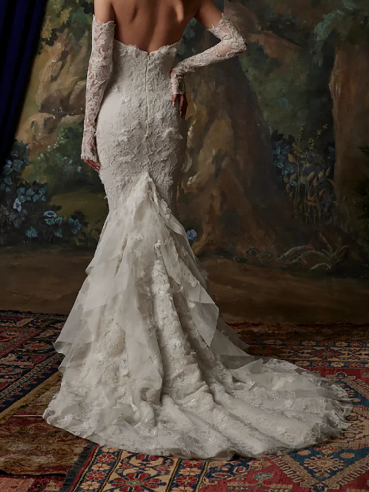 

Classic Strapless Appliquins Lace Sleeveless Mermaid Bride Wedding Dresses Bridal Gowns Customized