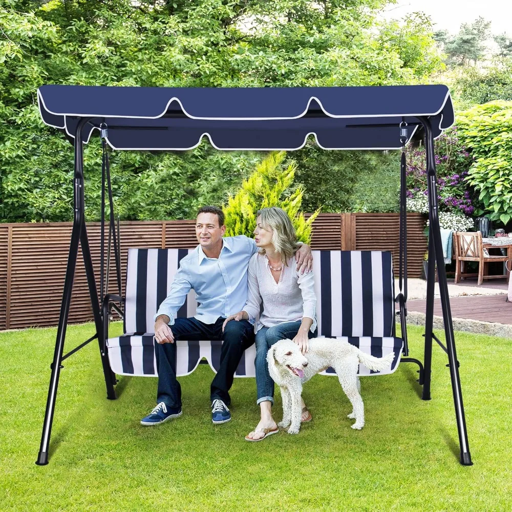 

3-Seat Patio Swing Chair, Outdoor Porch Swing with Adjustable Canopy and Durable Steel Frame for Patio, Garden, Poolside