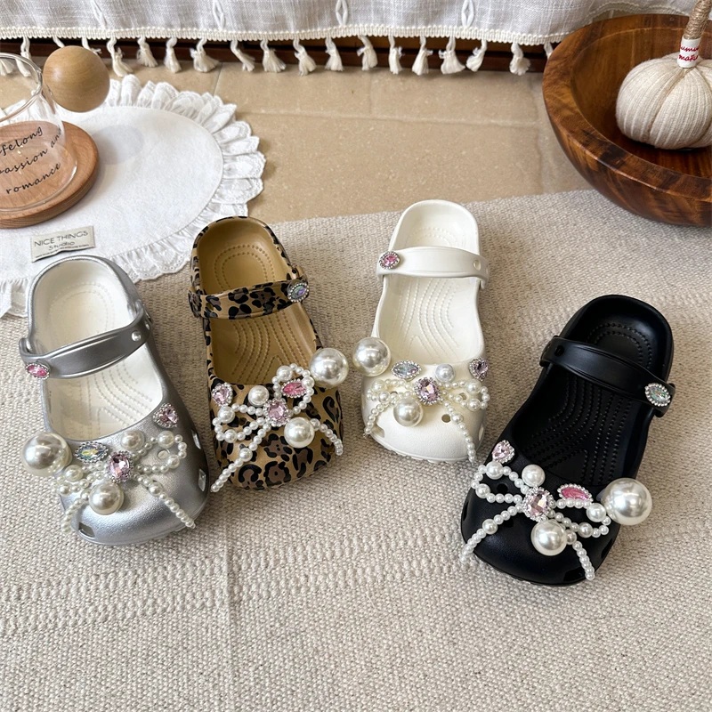 

Girls Silver Mary Jane Clogs Kids Princess Style Bling Rhinestone Pearl Bow Decor Slip-on Sandals Strap Non-slip Garden Shoes