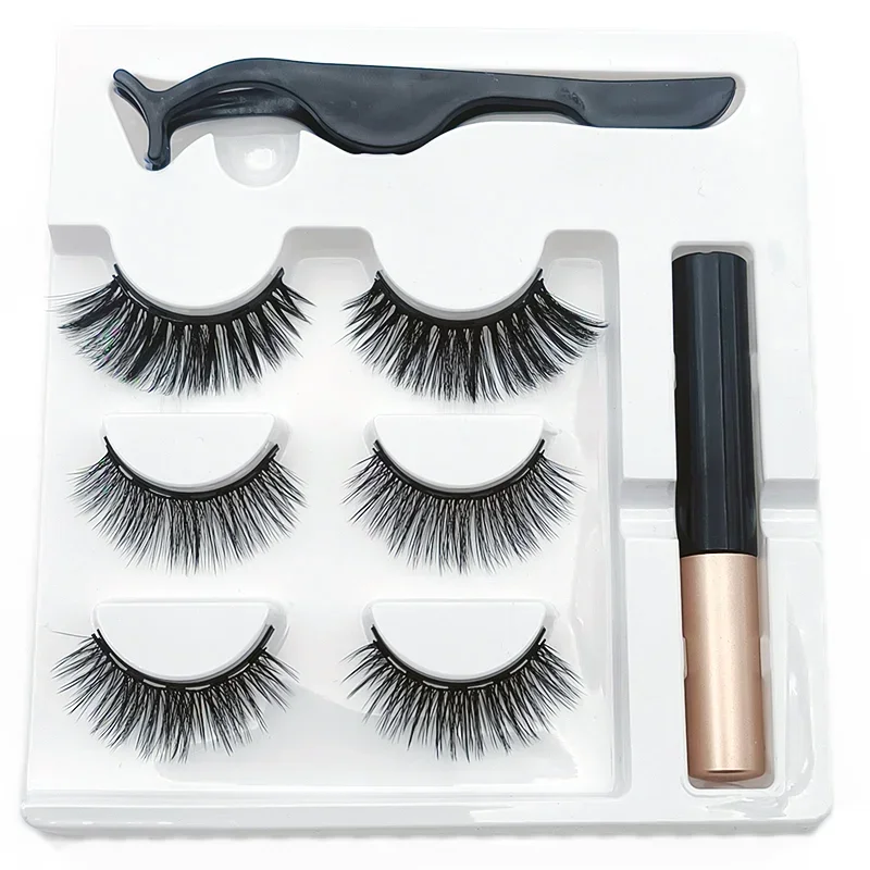Natural Handmade Mink Magnetic Eyelashes Set 3 Pairs with Magnetic Eyeliner Beauty Makeup False Lashes