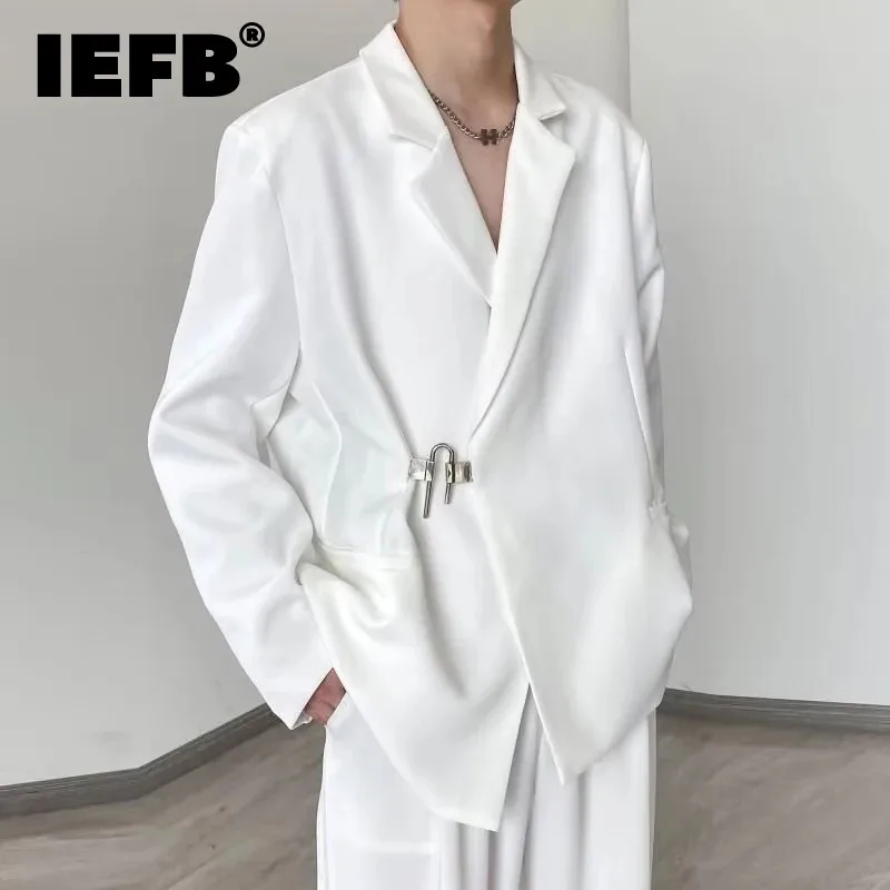 IEFB Korean Style Men\'s Casual Suit Jacekt Metal Buckle Male Loose Male Solid Color Blazers Harajuku Long Sleeve Cardigan 9C556