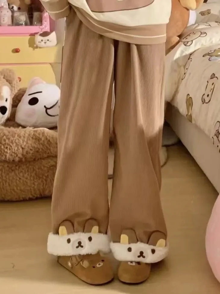 

2025 Spring New Sle Japanese Sweet Cute Wide Leg Pants Women Autumn Winter Thiened Loose Straight Thiened Set