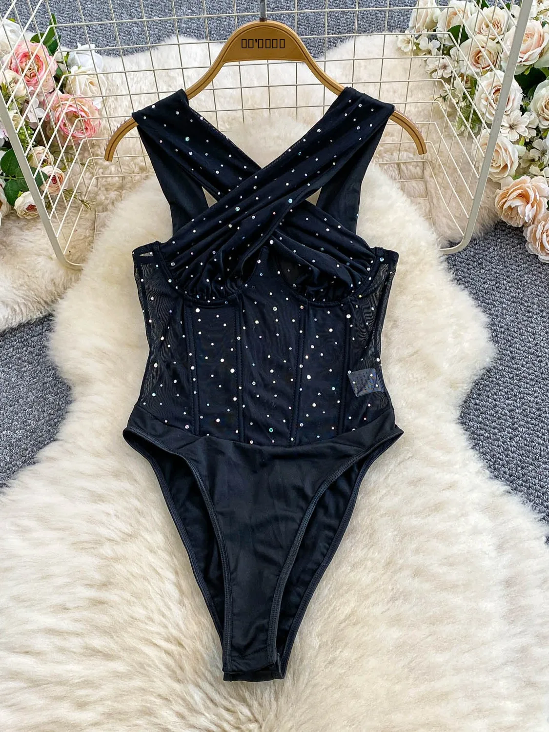 

Sexy Cross V-ne-piece Women's Summer Heavy-du Hot-pred Diamond Fibone High Slit Slimming Swimsuit Pants