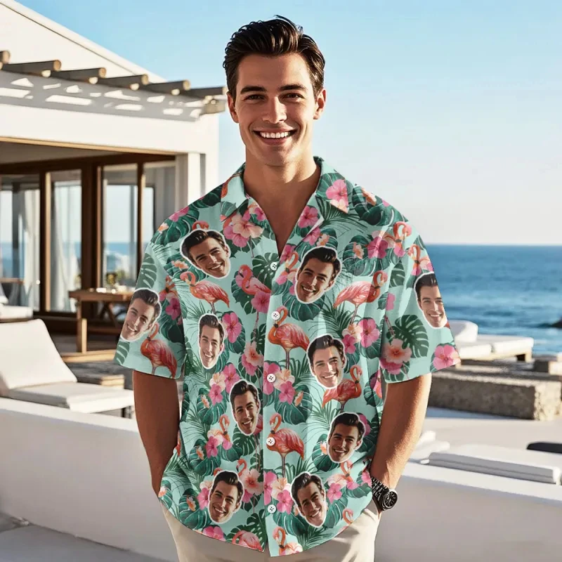 

Funny Novelty Custom Face Hawaiian Shirt Blue Wave Surfing Print Personalized Photo Short Sleeve Aloha Shirts Party Y2k Blouses