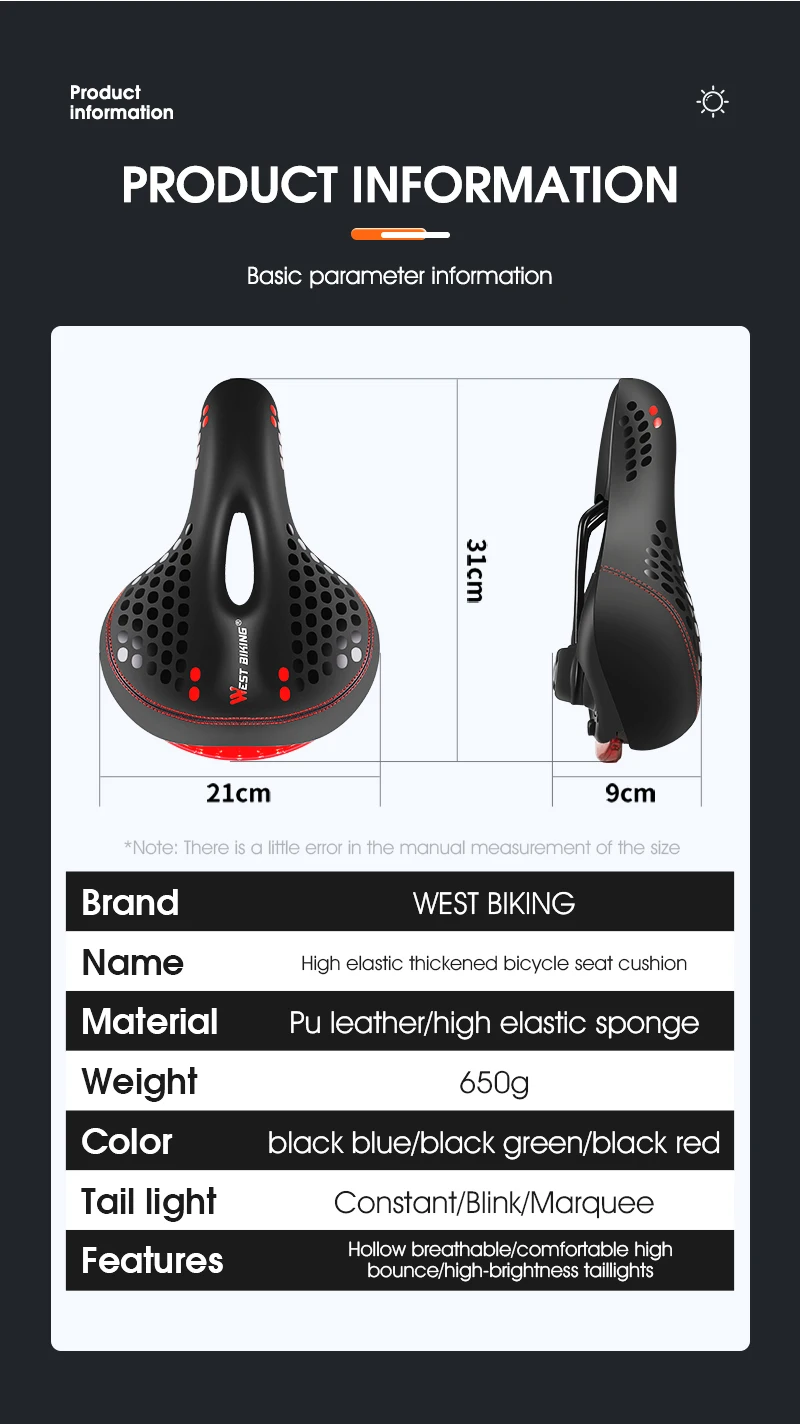 WEST BIKING Bicycle Saddle with Taillight Breathable Shock Absorption Waterproof PU Leather Bike Seat Cushion for MTB Road Bike