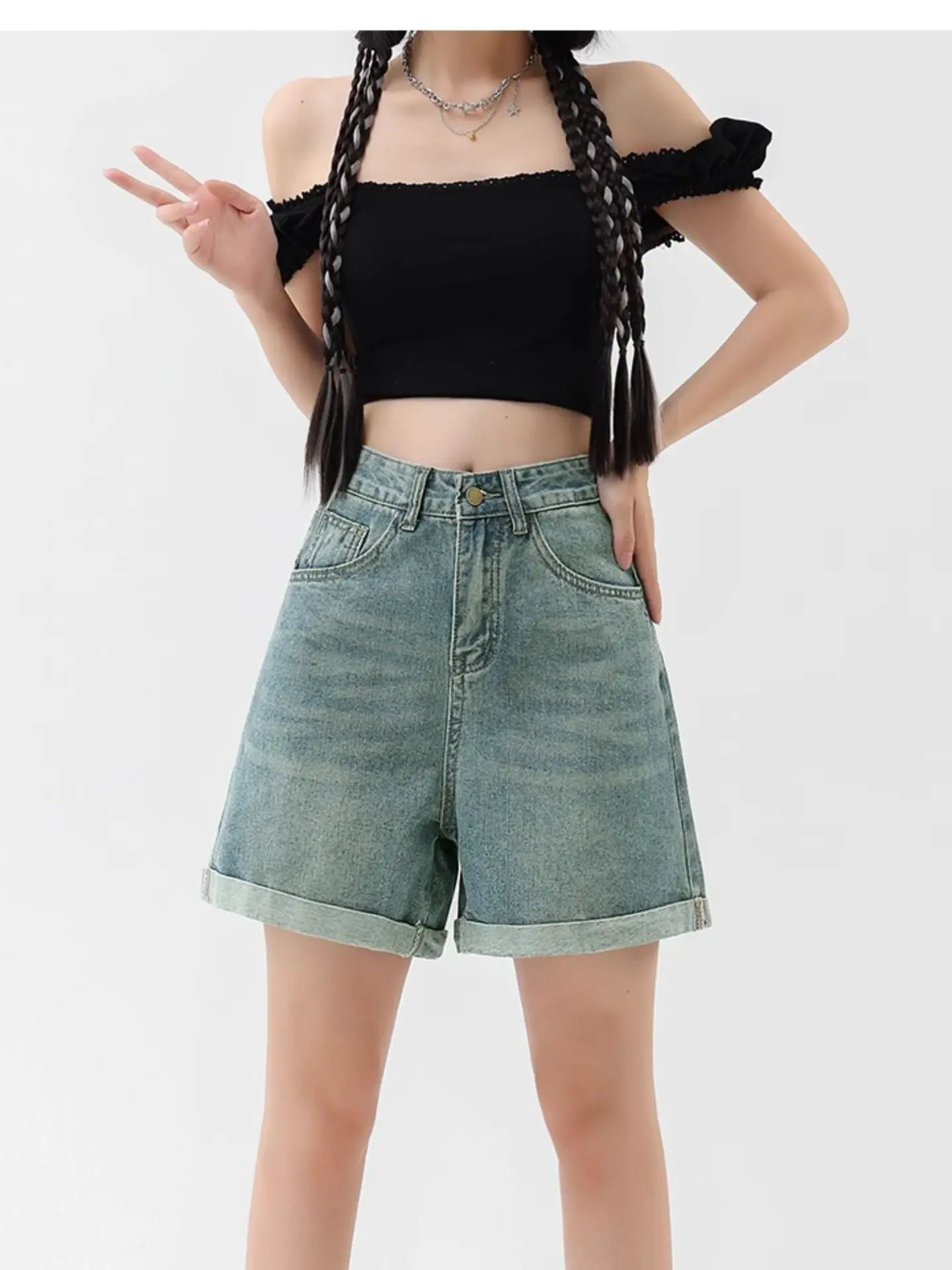 Light Blue Cuffed Denim Shorts Women's High Waist plus Size Pear Shape Body Loose Slim A-Line Pants Summer Casual Jeans