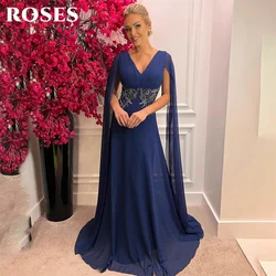 ROSES-vestidos largos con cuello en V para fiesta, ropa de noche Vintage, Azul Real, plisado de gasa, bordado de celebridades