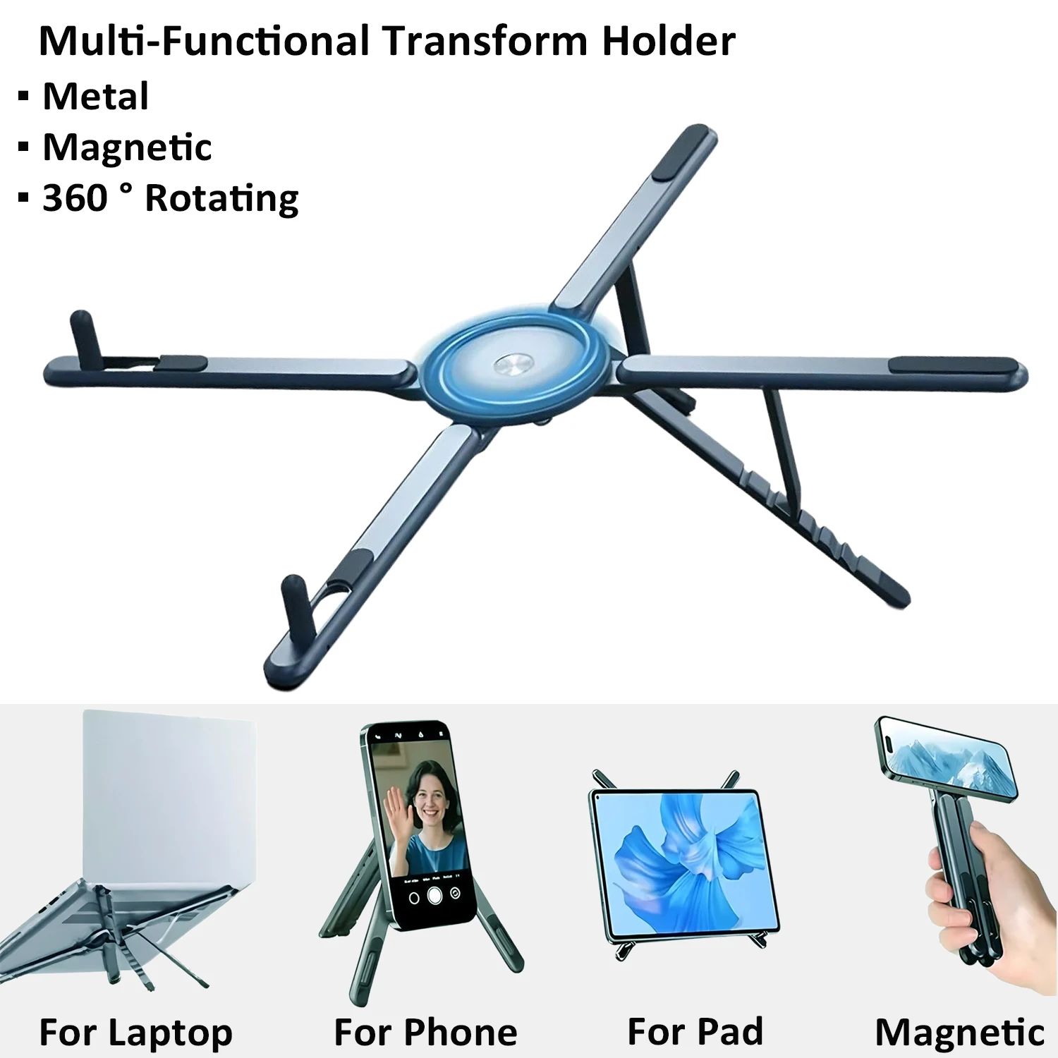 Soporte Magnético Portátil para Teléfono y Palo Selfie 3 en 1, Trípode Plegable para iPhone, iPad, Tablet, Laptop y Escritorio