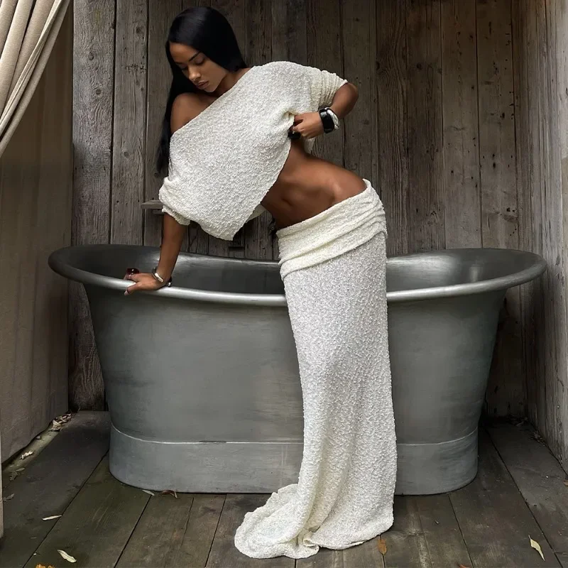 محبوك تنورة مجموعة المرأة الصيف خارج الكتف كم طويل اقتصاص أعلى سليم انظر من خلال مطوي تنورة الإناث تنورة مجموعة #2