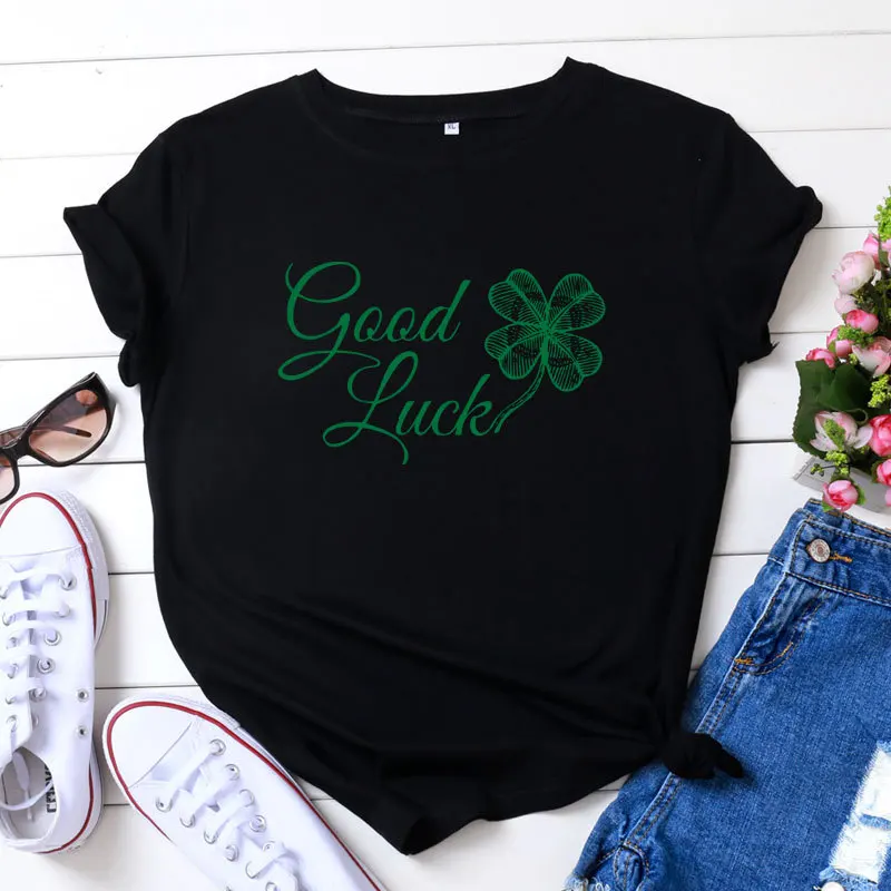 

Good Luck Four-leaf Clover Print Women T Shirt Short Sleeve O Neck Loose Women Tshirt Ladies Tee Shirt Tops Camisetas Mujer