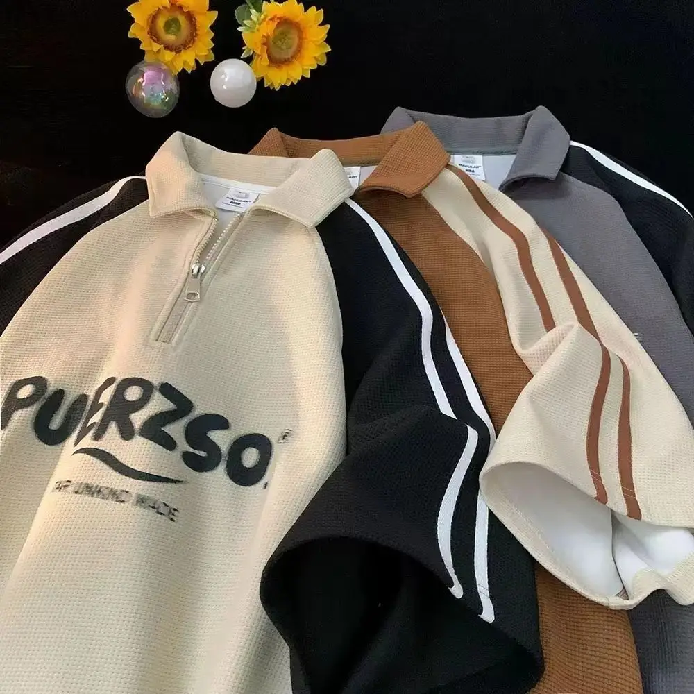 Polos de algodón con gofres americanos, camiseta a rayas de manga corta con cuello vuelto y cremallera, camisetas informales holgadas para hombres y mujeres, camisetas Harajuku