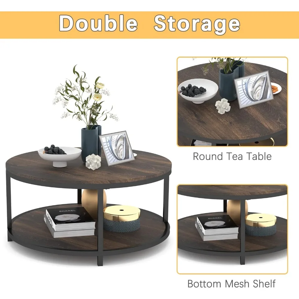 Industrial Style Round Coffee Table - 36 Inches, Rustic Wooden Top with Metal Legs, Perfect for Living Room and Modern Sofa Area