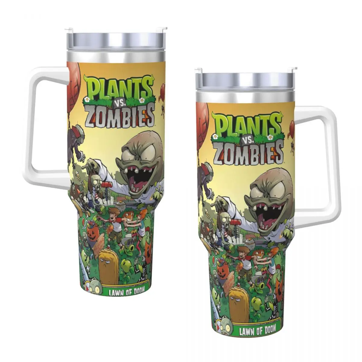 Game P-Plants-vs-Zombie Stainless Steel Tumbler Travelist Thermal Mug With Straws and Lid Large Capacity Car Mug